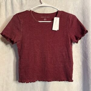 American Eagle Outfitters Burgundy Lettuce-Edge Crop Tee